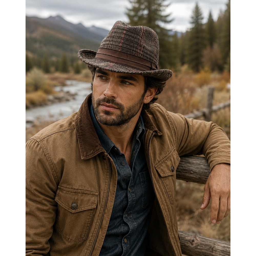 Brown Plaid Fedora Hat Mens M/L Wool Blend Trilby Grosgrain Band Checkered